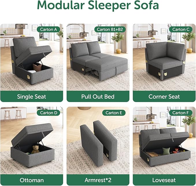 HONBAY Storage Loveseat for Modular Sleeper Sofa with Pull Out Bed Double Seat with Storage for Couch Bed Dark Grey