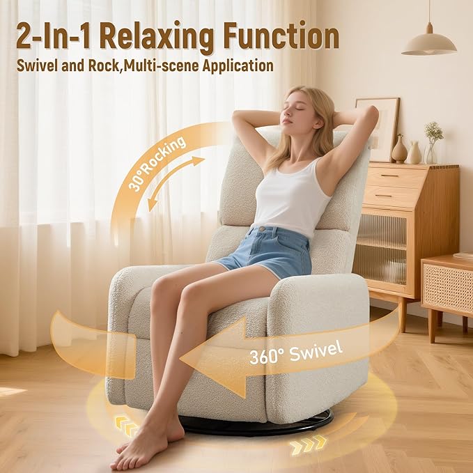 360° Rocking Chair Nursery Rocker Chair with Side Pockets Glider Nursing Chair with Steel Structure Base Small Chair for Small Spaces Sherpa Swivel Accent Chairs for Living Room Nursing