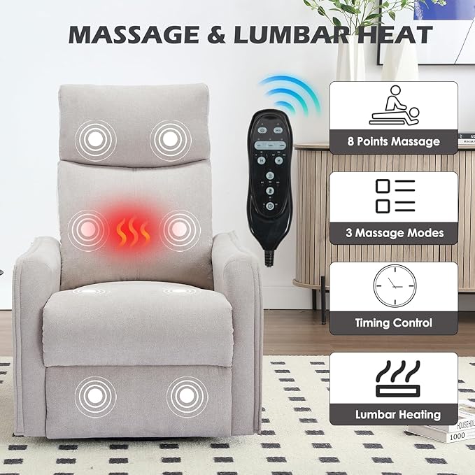 Swivel Rocker Recliner Chair 360° Swivel Recliner with Heat and Massage Rocker Recliner Nursery Glider Chair with Side Pockets for Living Room (Beige Fabric)