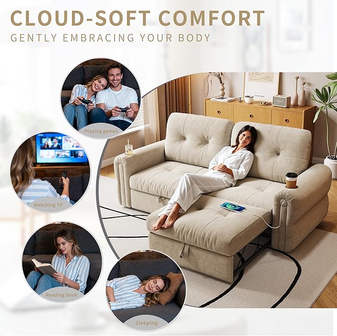 80.4 Convertible Sofa Bed with Cup Holders and Adjustable Backres Chenille Loveseat Sleeper Sofa with Pull Out Bed and USB Charging 3 in 1 Multi-Functional Couches (Beige 80.4-inch)