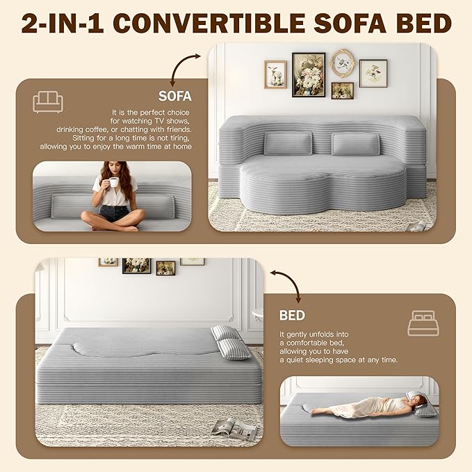 78 Folding Floor Sofa Bed Queen Full Size Folding Mattress Boneless Couch for Living Room 15 Seat Height Convertible Teddy Fabric Foam-Filled Loveseat Sleeper Sofa Bed