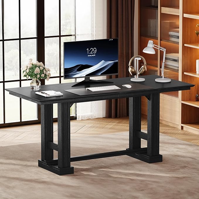 DWVO 70 Inch Computer Desk Large Executive Office Table Workstation Modern Farmhouse Style Laptop Wooden Sturdy Legs Writing Desk Business Furniture for Home Black