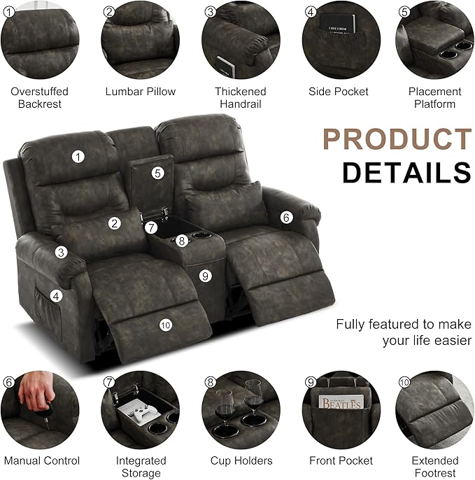 DRMBOOK RV Loveseat Recliner Sofa with Console Faux Leather Double Wall Hugger Reclining Couch Manual Home Movie Seating 2 Person Recliner Chair with Cup Holders/Storage/Pocket/Pillow Black&ampGrey