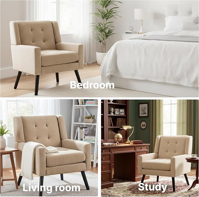 Mid-Century Modern Accent Chair Plush Linen Fabric with Button Tufted High Back &amp 5 Thick Cushion High Comfort Reading Chair for Living Room Bedroom Office (Beige)
