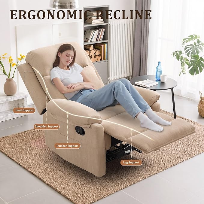 Recliner Chairs Small Recliners for Small Spaces Manual Recliner for Adults with Side Pockets Adjustable Overstuffed Comfy Corduroy Reclining Chair for Living Room Bedroom Reading Khaki