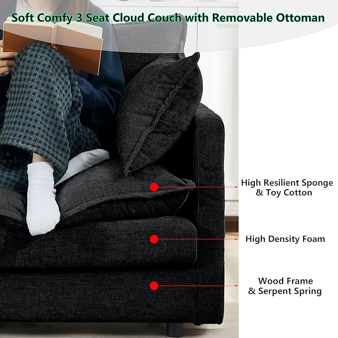 102 L-Shaped Sofa for Living RoomModular Sectional Cloud Sofa Couch with OttomanModern Chenille 3 Seater Sofas with Deep SeatSmall L Shaped Couches for Bedroom (Black 102)