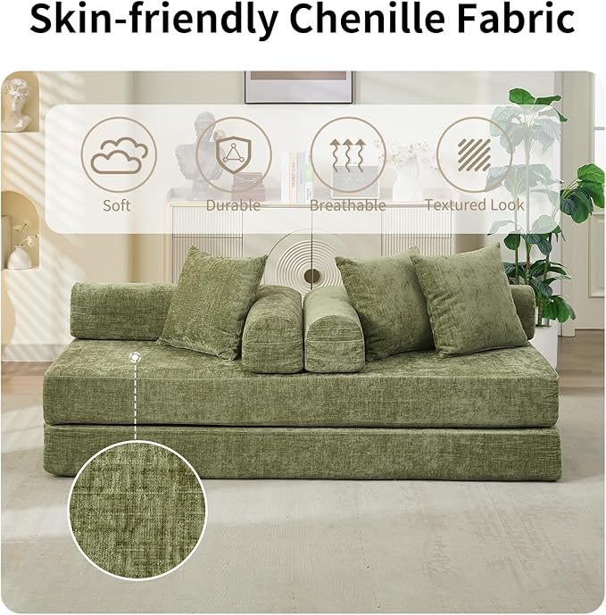 Convertible Sofa Bed 4-in-1 Floor Foldable Couch Bed with Armrests &amp Pillow Chenille Fabric No Assembly Required Comfy Memory Foam Couch Lounge Sofa for Living Room Green