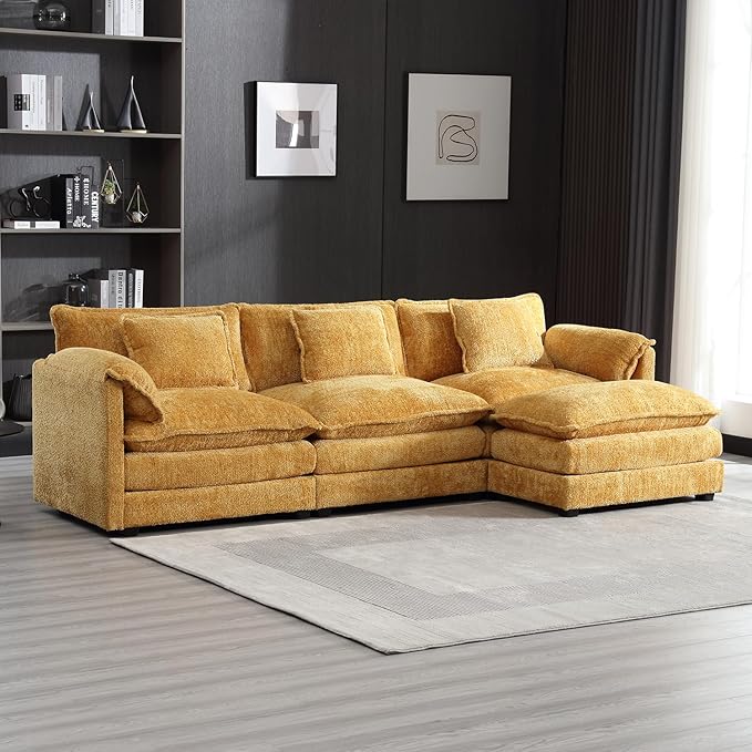 kevinplus 112'' Sectional Sofa Couch with Convertible Ottoman for Living Room Modern Contemporary 3-Seat L-Shape Sofa Couch for Apartment Home Office Thick Cushion &amp Boucle Fabric Yellow