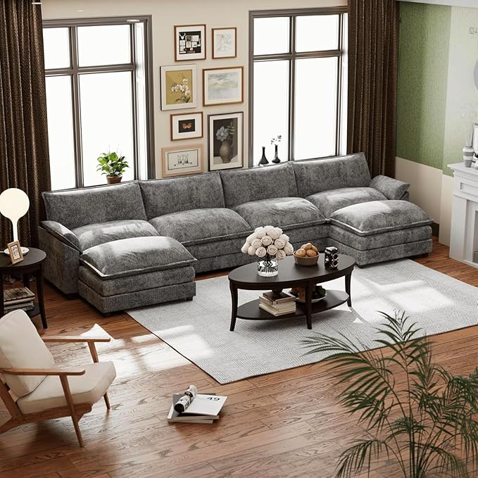 Shahoo Sectional Modular Sofa U Shaped Chenille Fabric Couch with High Supportive &amp Soft Sponges and Removable Ottoman Sleeper Comfy Upholstered Furniture for Living Room Dark Grey