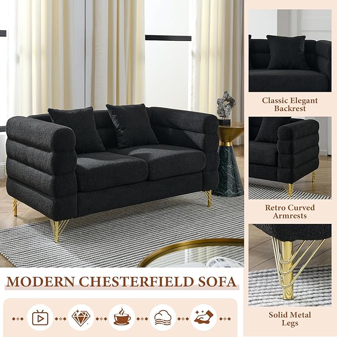 Loveseat Modern Sofa 60 Teddy Boucle Comfy Cloud Couch Upholstered Deep 2 Seater Sherpa Couch Set with Stylish Metal Legs for Living Room Home Office Bedroom Apartment Black