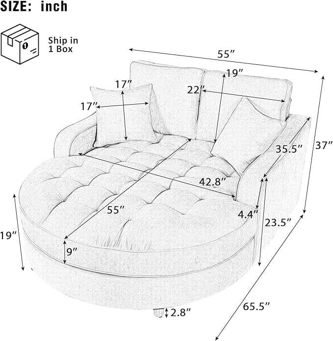 55 Oversized Chaise Lounge Chair Indoor Modern Lounge Sofa Bed with Tufted Seat and Detachable Pillows Chenille Fabric Upholstered Sofa Couch for Living Room