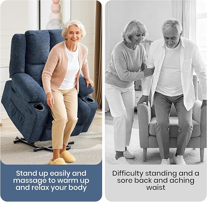 Oversized Power Lift Recliner Chair for Elderly 135° Lay Flat Electric Recliner with Massage &amp Heat Stand Assist Lift Chair with 2 Cup Holders for Living RoomBlue