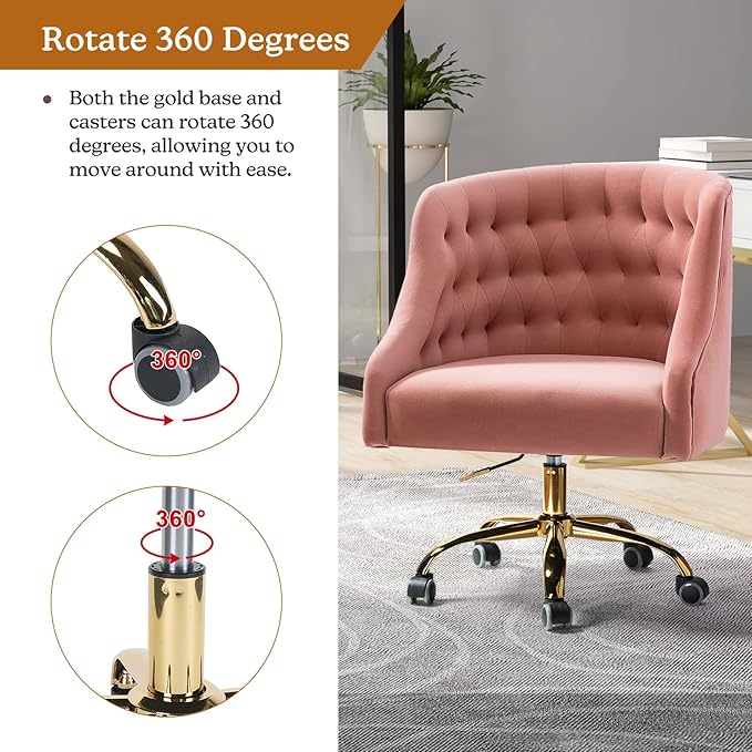 Velvet Home Office Chair with Gold Base Comfortable Modern Cute Desk Chair Adjustable Swivel Task Chair for Living Room Bedroom Vanity Study Pink