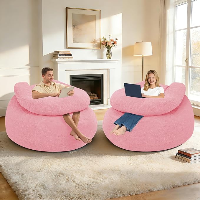 HABUTWAY Giant Bean Bag Chair Oversized Beanbag Chair with Filler Ultra Soft Teddy Fleece Bean Bag Lounge Floor Sofa w/U-Shaped Pillow for Gaming Reading Pink&amp Pink