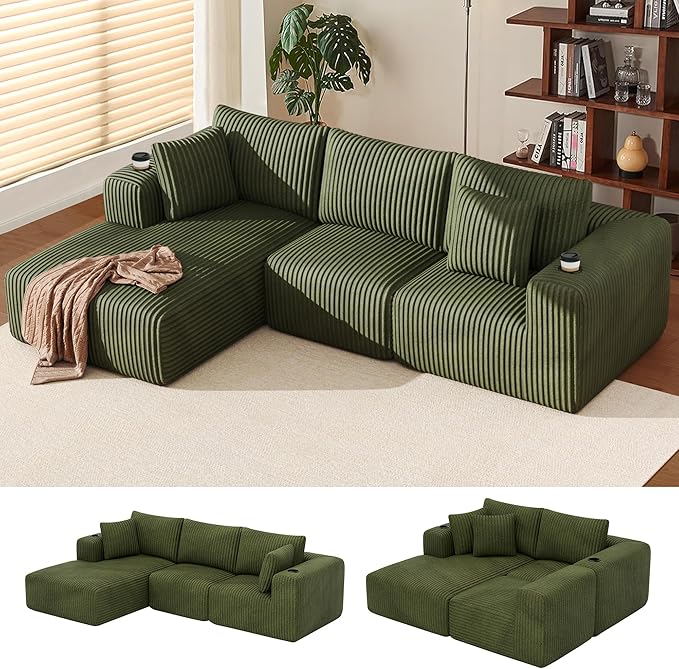 DURASPACE 108 Sectional Couch L Shaped Sofa Boneless Foam Cloud Couches with Chaise Fluffy Plush Corduroy Modular Couches for Living Room (Green Left Facing Chaise)