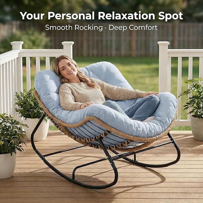 SWITTE Outdoor Rocking Chair Oversized Patio Papasan Rocker Comfy Wicker Reading Lounge Indoor Egg Chair for Bedroom Living Room Porch Garden Lawn-Light Blue