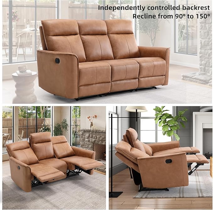 CANMOV Manual Loveseat Recliner Sofa Wall-Hugger 3 Seat Reclining Love Seat Couches Leathaire Reclining Sofa Set 3-Seater Recliner Chair for Living Room Office Apartment Brown