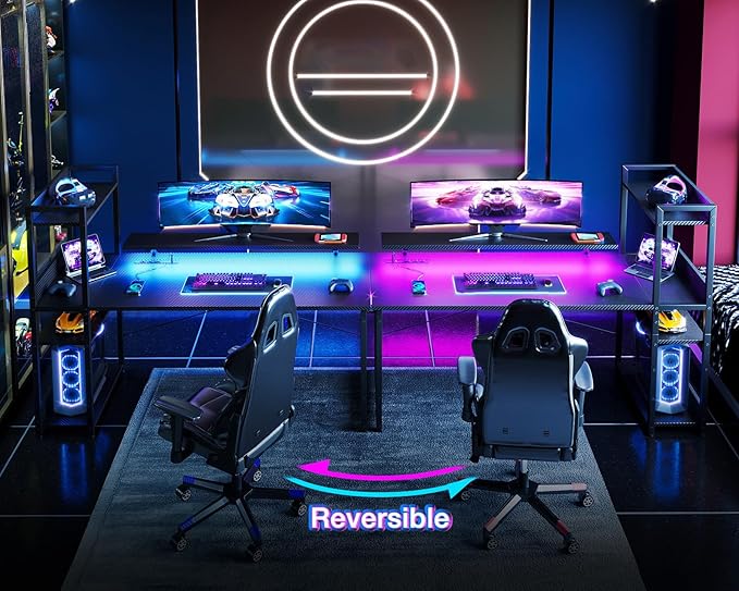 ODK Reversible 55 Inch Gaming Desk with USB Charging Port and LED Lights Computer Desk with Storage Shelves and Monitor Stand Study Table for Home Office Morden Desk for Bedroom Carbon Fiber Black