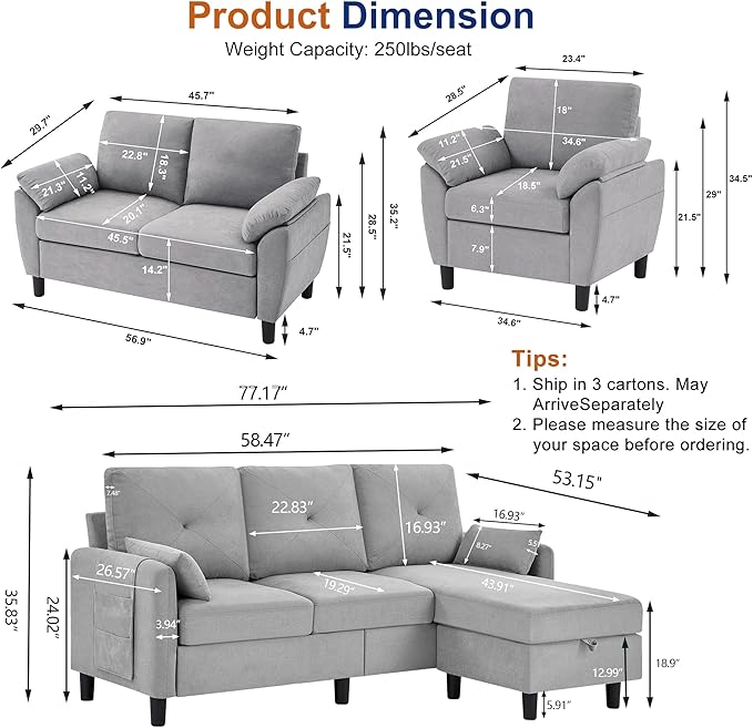 Sectional Sofa Set 77 Convertible Sofa &amp 45 Loveseat &amp 23 Chair Small 3 Seat L Shaped Couch with Storage Ottoman Modern Couches for Living Room Apartment Light Grey