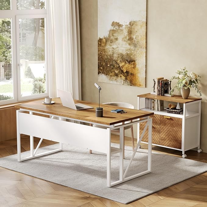 LITTLE TREE 63-Inch Office Desk with 31.5-Inch Lateral File Cabinet Study Writing Desk Computer Desk for Home Office