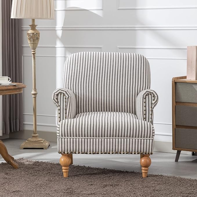Linen Accent Chairs Set of 2 Mid-Century Modern Living Room Armchair with Nailhead Trim &amp Wood Legs Comfy Upholstered Single Sofa Chair for Lounge/Bedroom/Reception Black Stripe