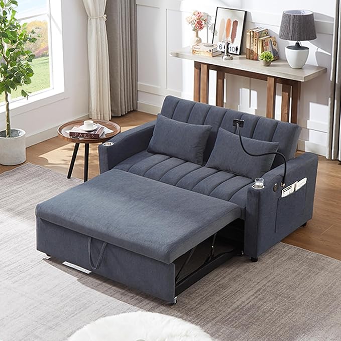 LUMISOL 3-in-1 Convertible Sleeper Sofa Bed 55.9 Loveseat Pull Out Bed with USB Ports Cup Holders Swivel Stand &amp Storage Pockets Modern Tufted Sofa Bed with Pillows Blue Grey