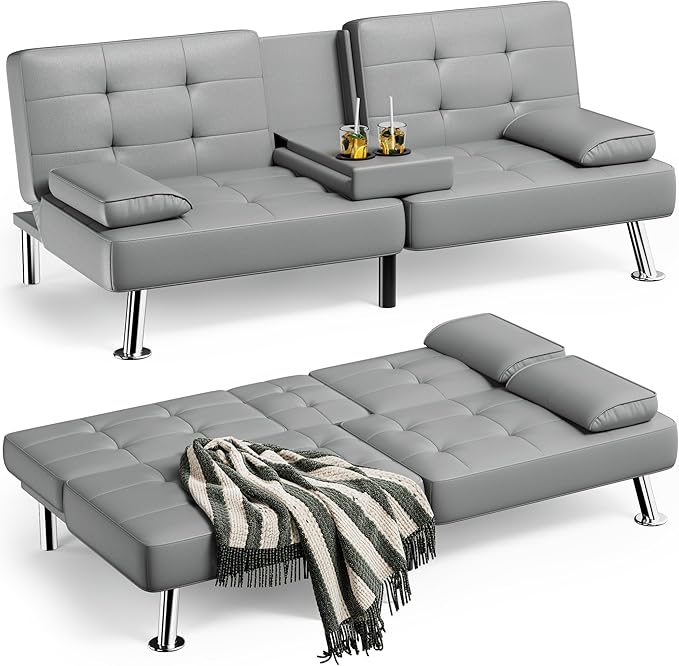 Homall Futon Sofa Bed Leather Futon Couch with Removable Armrests Adjustable Recliner Sleeper Sofa Bed with Dual Cup Holders for Living Room Apartment Office (Gray)