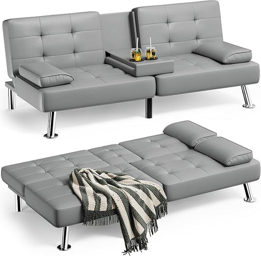 Homall Futon Sofa Bed Leather Futon Couch with Removable Armrests Adjustable Recliner Sleeper Sofa Bed with Dual Cup Holders for Living Room Apartment Office (Gray)