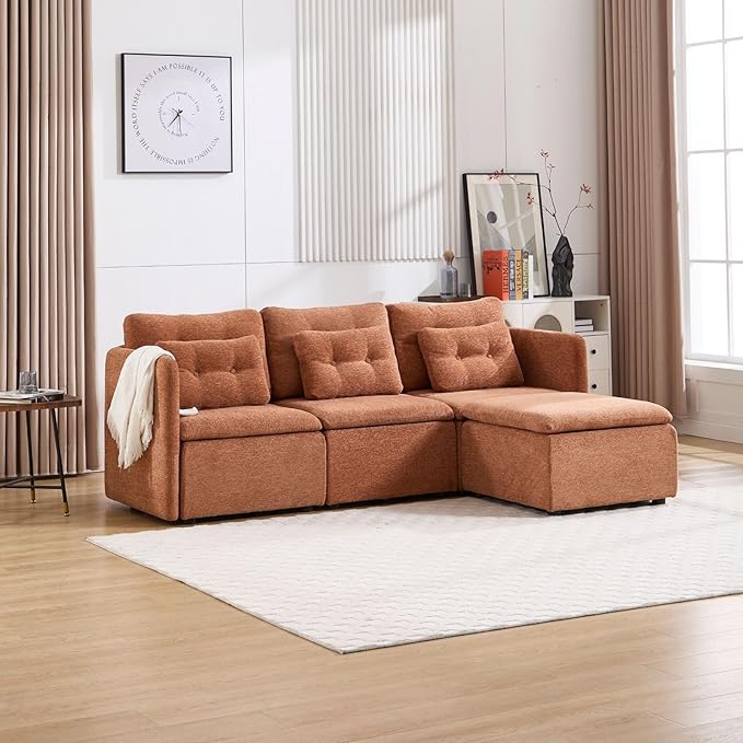 LukeAlon L Shaped Modular Sectional Sofa Couch with Ottoman Modern 3 Seater Chenille Sofa Set with Pillow 82.5 Upholstered Lounge Sleeper Sofa Couch for Living Room Apartment Office Light Brown
