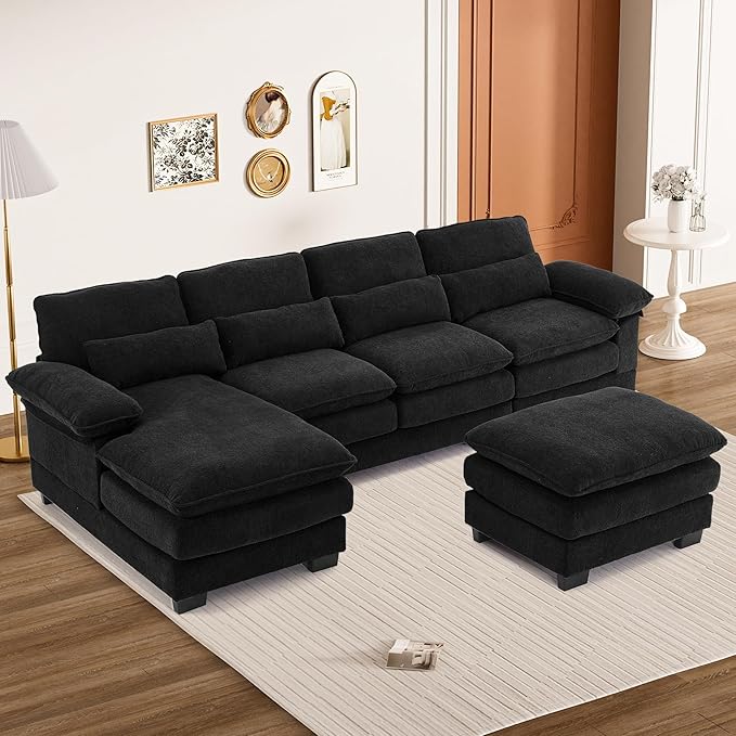 114 U Shaped Cloud Couch Sectional Modular Sofa Sectional Couches for Living Room Modern Comfy Chenille Modular L Shaped Sofa Set with Chaise Lounge Ottoman Black