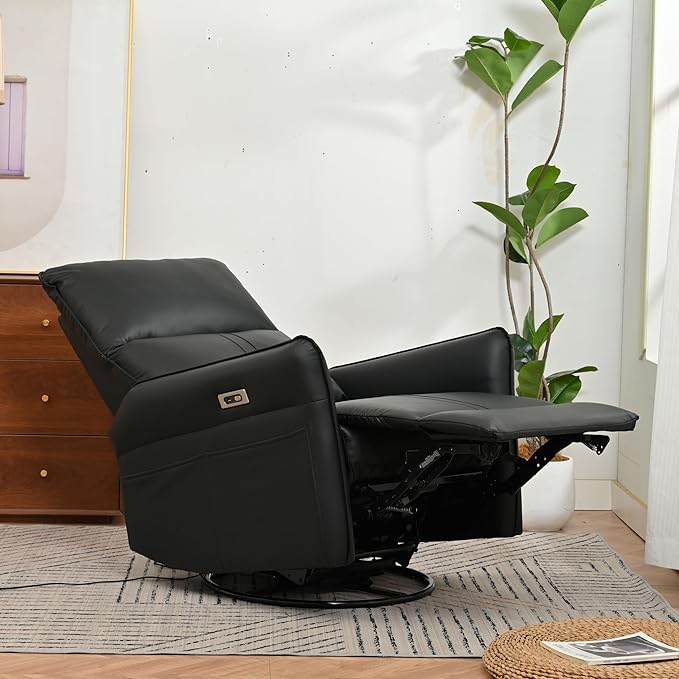 270° Power Swivel Rocker Recliner Chair for Adults – Electric Reclining Small Sofa Chair with Smooth Rocking &amp Rotation Comfortable Single Recliner for Living Room Bedroom (Black+PU)