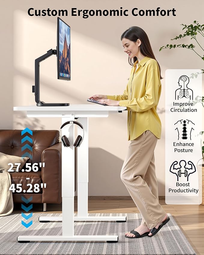 Okin Small Electric Standing Desk 36 x 24 Whole Piece Height Adjustable Desk White Sit to Stand Computer Workstation for Home Office