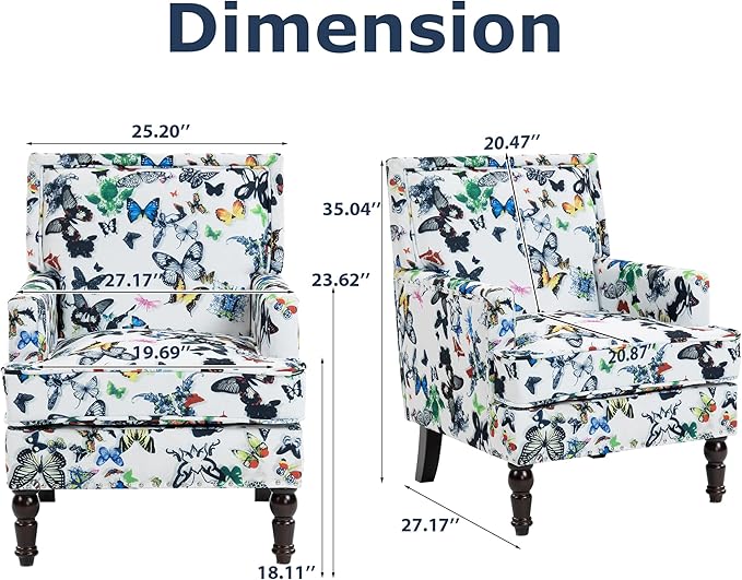 Accent Chair Modern Comfy Mid-Century Anthropologie Accent Chairs Linen Upholstered Wingback Lounge Arm Chair with Solid WoodSingle Floral Pattern Chair for Living Room/Balcony/Bedroom