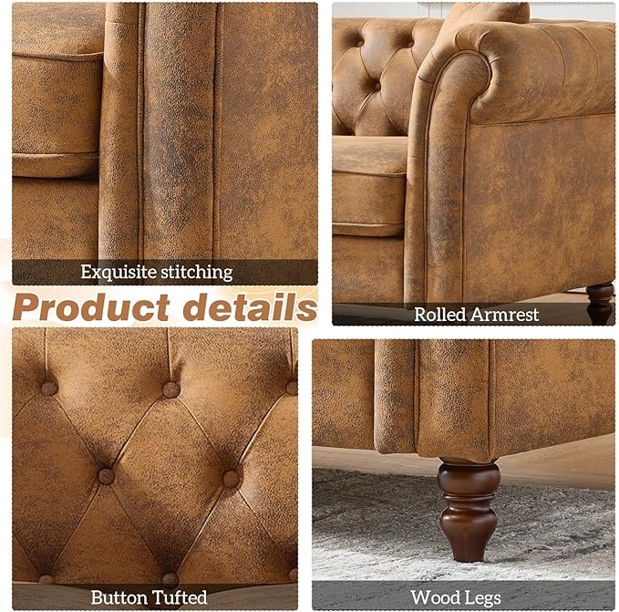Modern Couch and Loveseat Sets Luxury Faux Leather Chesterfield Living Room Sofa Set Comfy Upholstered Deep Seat Sofa Furniture Set w/ Roll Armrest &amp Tufted Button for Office Juego De Sala Brow