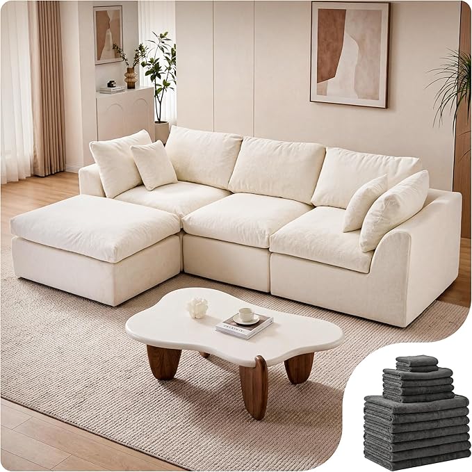 108 Cloud Sectional Couches with 1 Extra Washable Cover L Shaped 25.6 Deep Seat Couch with Ottoman Oversized Comfy Living Room Sofa DIY Color Refresh (White Sofa + Gray Cover Set)