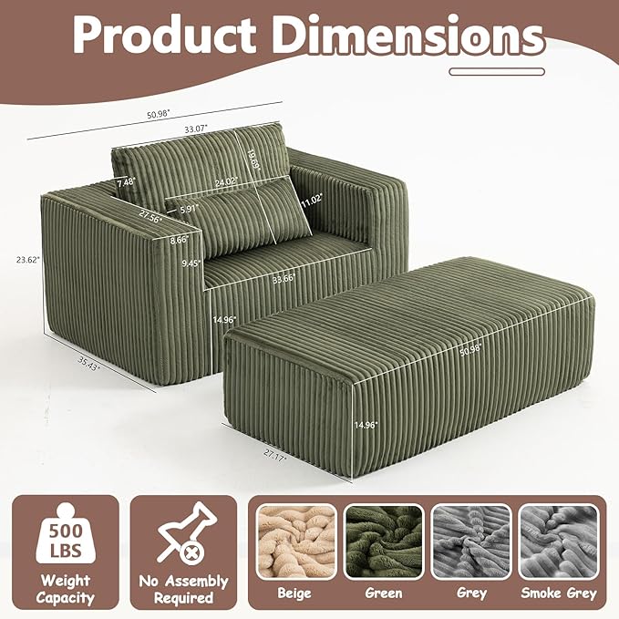 51 Oversize Chair &amp Boneless Chair with Ottoman Single Sofa with Ottoman for Living RoomOverstuffeds Chairs &amp Corduroy Chairs with Pillow and Wide Armret Memory Foam No Assembly (Green)
