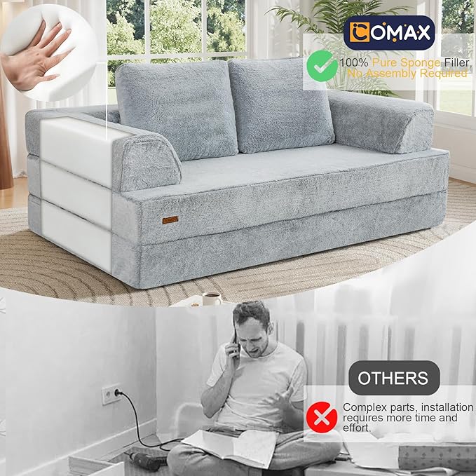 COMAX Convertible Sofa Bed Folding Floor Couch Fold Out Couch Bed Futon Sleeper Mattress with Pillows Boneless Sofa Comfy Lounge Loveseat for Living Room Bedroom Snow Light Grey