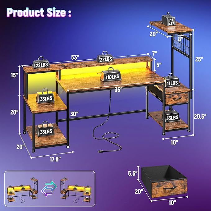 63 Gaming Desk with LED Lights &amp OutletsComputer Desk with Drawers &amp Monitor StandGaming Table with Storage Shelves &amp Printer Space for Game RoomStudy RoomHome OfficeRustic Brown