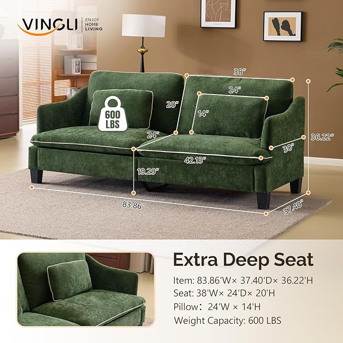 VINGLI 84 Extra Deep Seat Sofa Couch 3 Seater Upholstered Living Room Couches with 2 Piped Seater Cushions Throw Pillows Modern Linen Velvet Fabric Sofa for Apartment Bedroom Office | Piped Cushio
