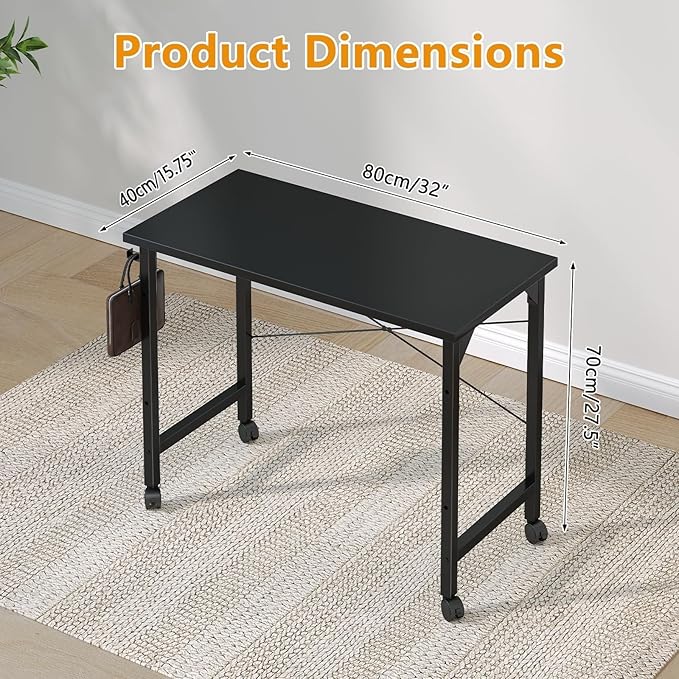 Grandder Rolling Computer 32 inch Desk with Wheels Wroking Small Desk for Living Room Modern Simple Style Table for Home Office Study Writing Table Caster Black 32 inch