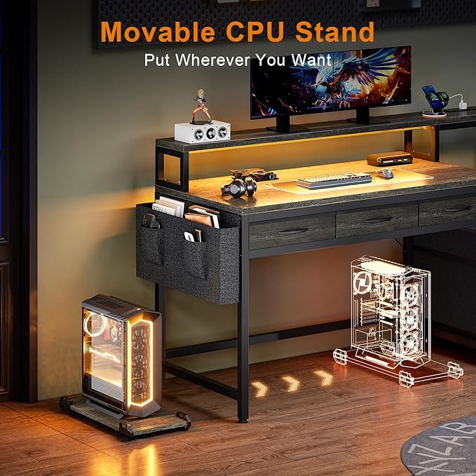 REAHOME 61 Inch Gaming Desk with Charging Station and LED Lights Reversible Computer Desk with Storage Drawer and Monitor Stand Modern Desk Table with File Cabinet &amp Side Pocket Grey Oak