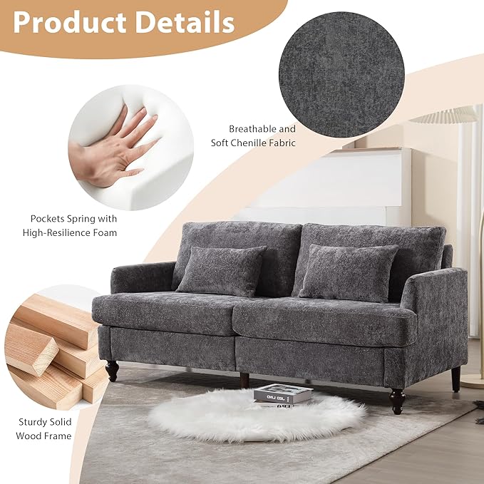 69” Modern Chenille Loveseat Sofa Couch Upholstered 2 Seat Love Seat Deep Seat Small Couch with 2 Pillows and Sturdy Wood Legs for Living Room Bedroom Apartment (Gray)