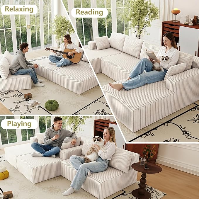 124 Corduroy U-Shaped Sectional Sofa Modern Modular Boneless 4-Seater Couch with 6 Pillows Upholstered Deep Seat DIY Cloud Sofa for Living Room No Assembly Required (White)
