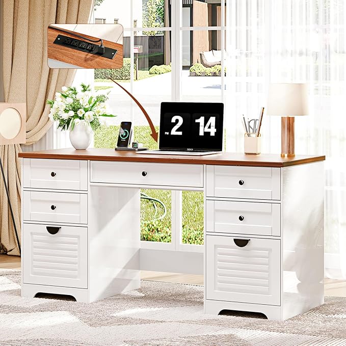 59 Home Office Desks Executive Desk Farmhouse Computer Desk with 7 Drawers and Charging Station File Drawer Rustic Computer Writing DeskAntique Cream