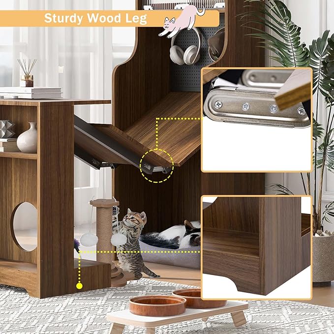Folding Out Desk with Storage Expandable Hidden Desk Space-Saving Pull Out Murphy Table Writing Table with Shelves and Free Cat Bed for Home Office Bedroom Dorm Room Small Spaces (Walnut..)