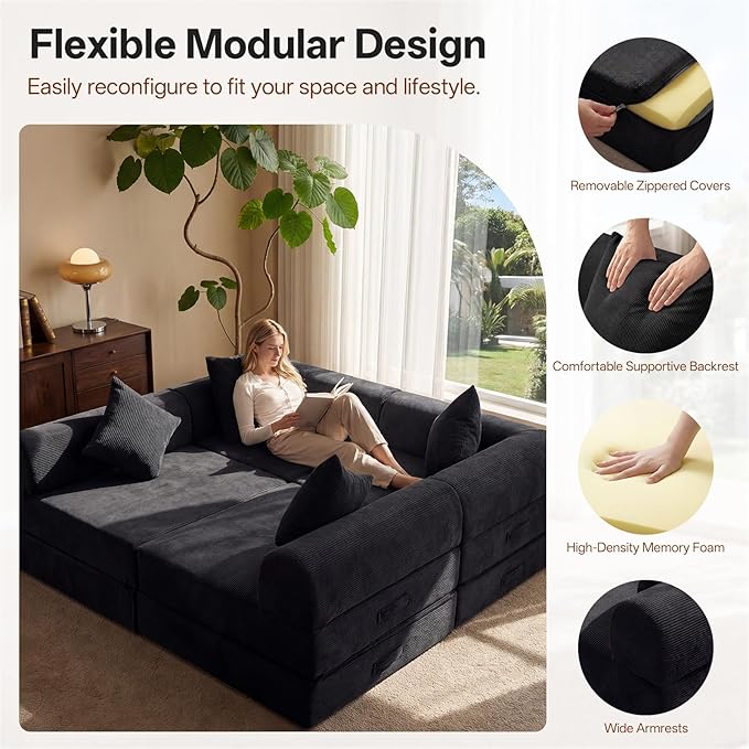 112.2 Modular Sectional Sofa 4-Seater All-Foam Boneless Cloud Couch Corduroy Foldable Convertible Sofa Bed Futon Sleeper Floor Sofa for Living Room No Assembly Required Black