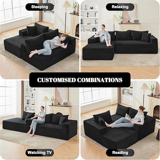 104'' Corduroy Boneless Couch for Living Room Modular Cloud Sectional Couches with Deep Seat Comfy Fluffy Sofas with L-Shaped ChaiseNo Assembly Required2PC Free Combination (Black)