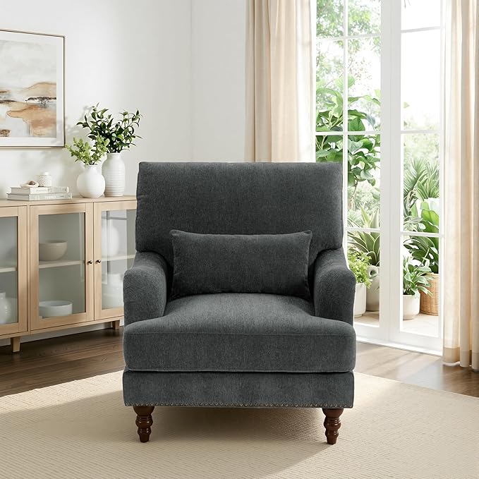 Accent Chair for Living Room Upholstered Armchair with Nailhead Trim &amp Solid Wood Legs Mid Century Modern Chenille Club Chair for Bedroom/Reading Room Gray