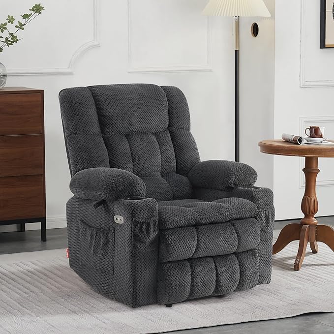 MCombo Dual Motor Power Lift Recliner Chair with Massage and Heat for Elderly People Infinite Position USB Ports Cup Holders Fabric 7890 (Medium Dark Gray)