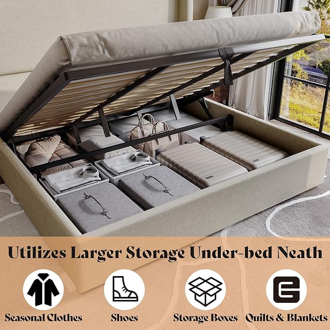 AMERLIFE Lift Up Storage Bed King Size Linen Upholstered Platform Bed Frame Hydraulic StorageModern Wingback Headboard No Box Spring Needed Khaki